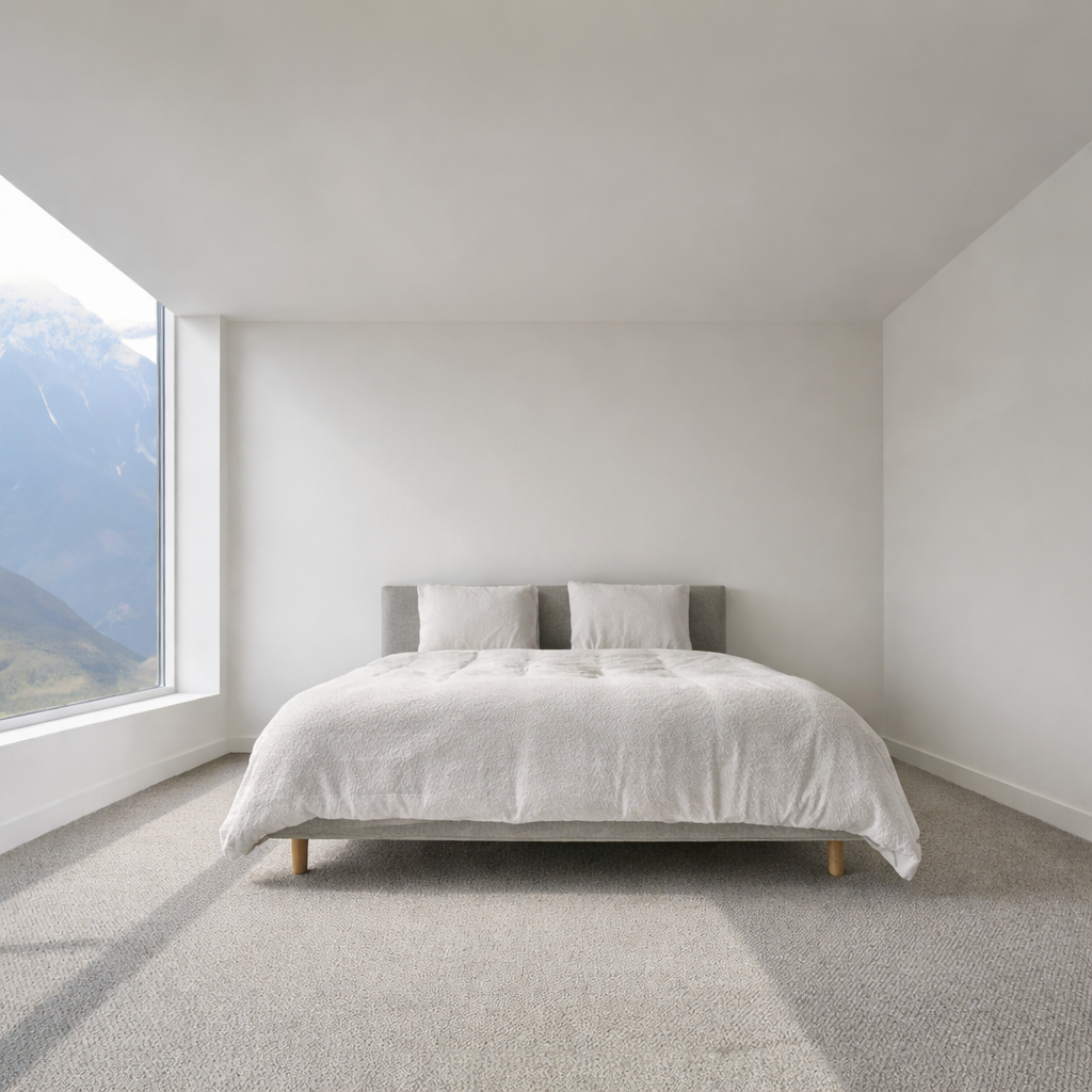 Bare white bedroom with a low grey bed beside a corner window overlooking a snow-covered mountain range